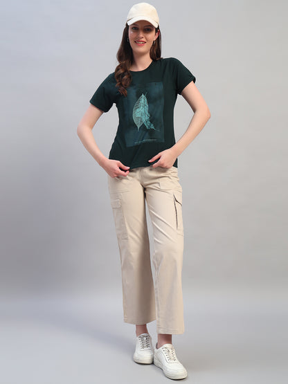 Women's Printed Bottle Green Round Neck Half Sleeves Casual T-Shirt