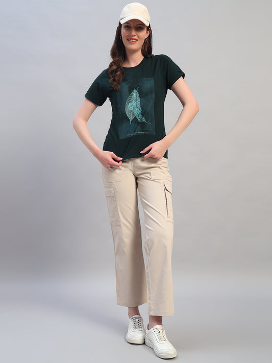 Women's Printed Bottle Green Round Neck Half Sleeves Casual T-Shirt