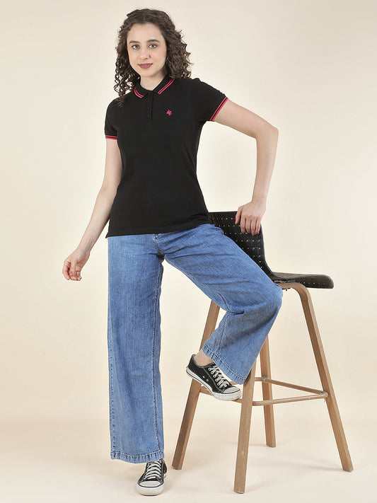 T-Shirt for Women l Breathable & Soft with Color Fastness Regular Fit Polo Neck Poly Cotton Fabric Solid Pattern