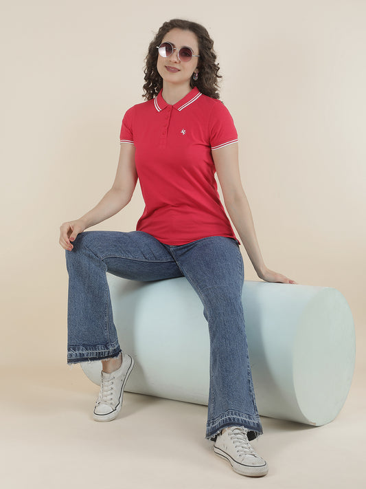 T-Shirt for Women l Breathable & Soft with Color Fastness Regular Fit Polo Neck Poly Cotton Fabric Solid Pattern
