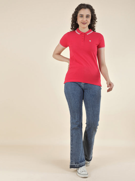 T-Shirt for Women l Breathable & Soft with Color Fastness Regular Fit Polo Neck Poly Cotton Fabric Solid Pattern