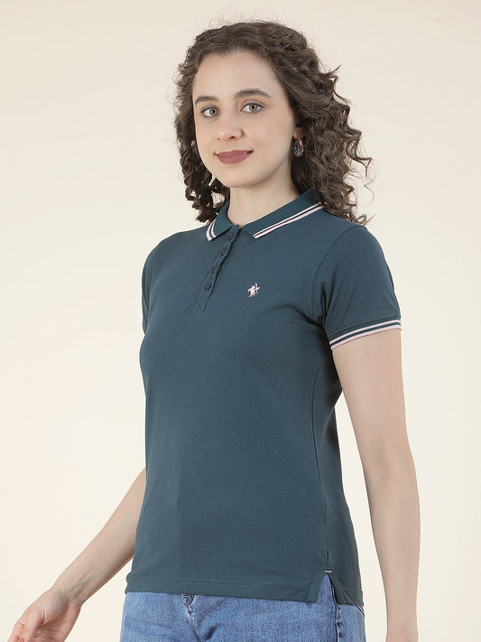 T-Shirt for Women l Breathable & Soft with Color Fastness Regular Fit Polo Neck Poly Cotton Fabric Solid Pattern