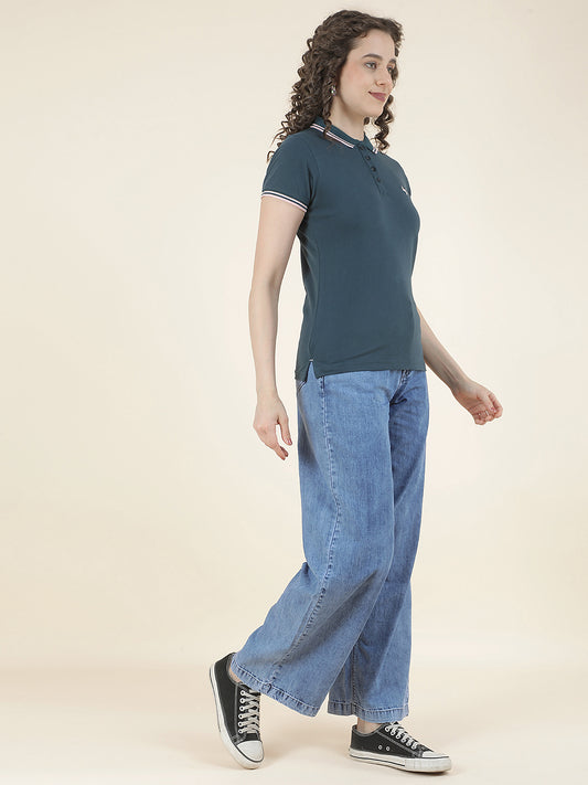 T-Shirt for Women l Breathable & Soft with Color Fastness Regular Fit Polo Neck Poly Cotton Fabric Solid Pattern