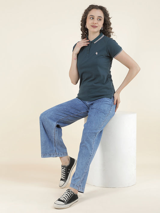 T-Shirt for Women l Breathable & Soft with Color Fastness Regular Fit Polo Neck Poly Cotton Fabric Solid Pattern