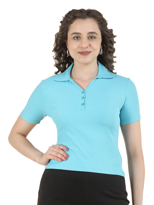 T-Shirt for Women l Breathable & Soft with Color Fastness Regular Fit Polo Neck Poly Cotton Fabric Solid Pattern