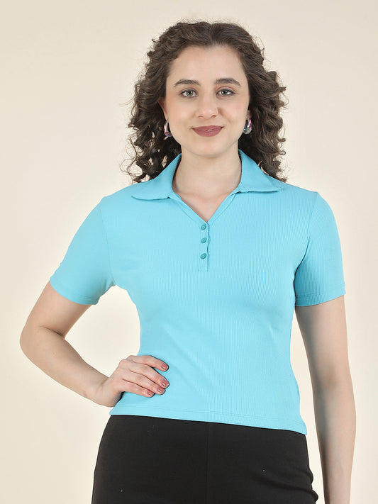 T-Shirt for Women l Breathable & Soft with Color Fastness Regular Fit Polo Neck Poly Cotton Fabric Solid Pattern