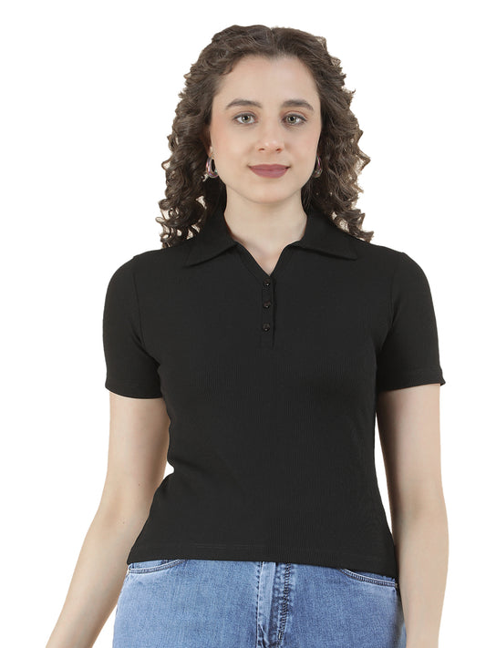 T-Shirt for Women l Breathable & Soft with Color Fastness Regular Fit Polo Neck Poly Cotton Fabric Solid Pattern