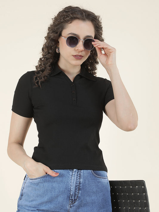 T-Shirt for Women l Breathable & Soft with Color Fastness Regular Fit Polo Neck Poly Cotton Fabric Solid Pattern