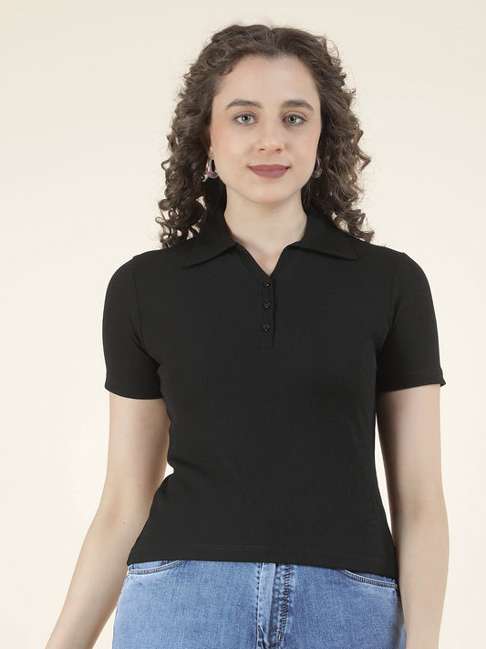 T-Shirt for Women l Breathable & Soft with Color Fastness Regular Fit Polo Neck Poly Cotton Fabric Solid Pattern