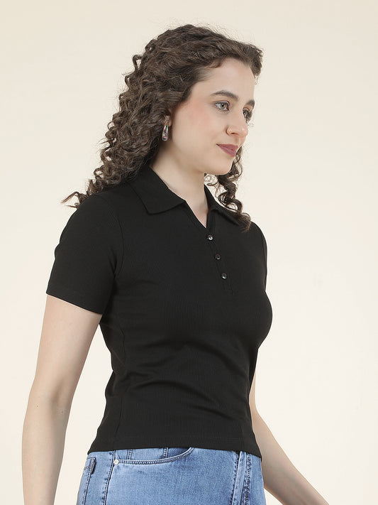 T-Shirt for Women l Breathable & Soft with Color Fastness Regular Fit Polo Neck Poly Cotton Fabric Solid Pattern