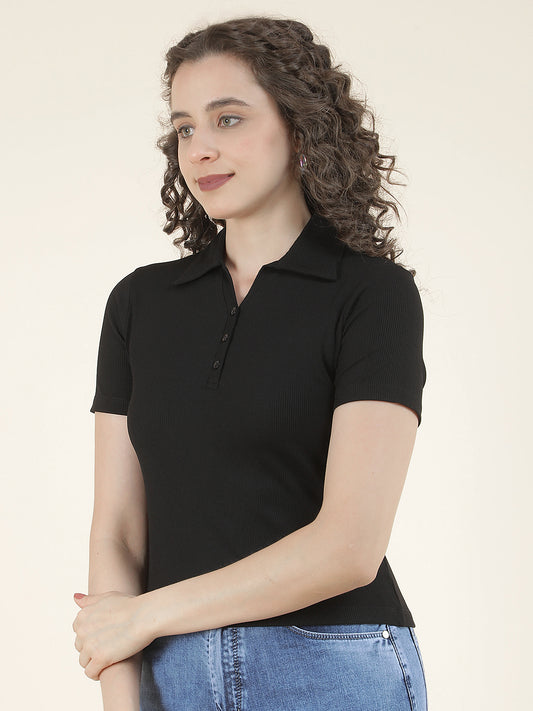 T-Shirt for Women l Breathable & Soft with Color Fastness Regular Fit Polo Neck Poly Cotton Fabric Solid Pattern