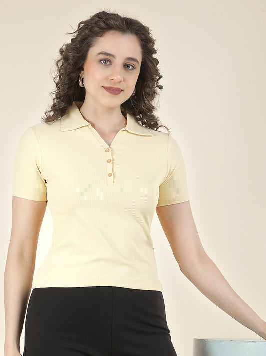 T-Shirt for Women l Breathable & Soft with Color Fastness Regular Fit Polo Neck Poly Cotton Fabric Solid Pattern