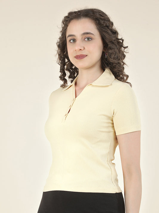 T-Shirt for Women l Breathable & Soft with Color Fastness Regular Fit Polo Neck Poly Cotton Fabric Solid Pattern