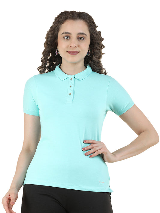 T-Shirt for Women l Breathable & Soft with Color Fastness Regular Fit Polo Neck Cotton Blend Fabric Solid Pattern