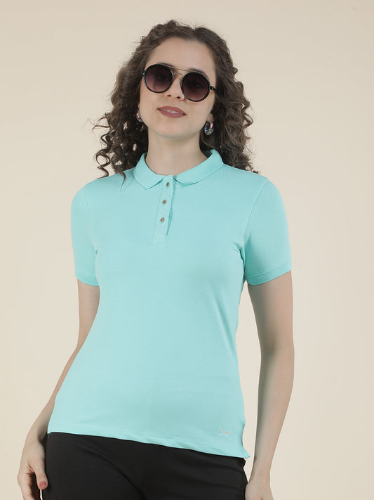 T-Shirt for Women l Breathable & Soft with Color Fastness Regular Fit Polo Neck Cotton Blend Fabric Solid Pattern
