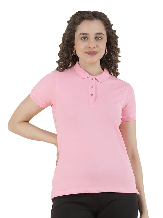 T-Shirt for Women l Breathable & Soft with Color Fastness Regular Fit Polo Neck Cotton Blend Fabric Solid Pattern