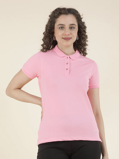 T-Shirt for Women l Breathable & Soft with Color Fastness Regular Fit Polo Neck Cotton Blend Fabric Solid Pattern