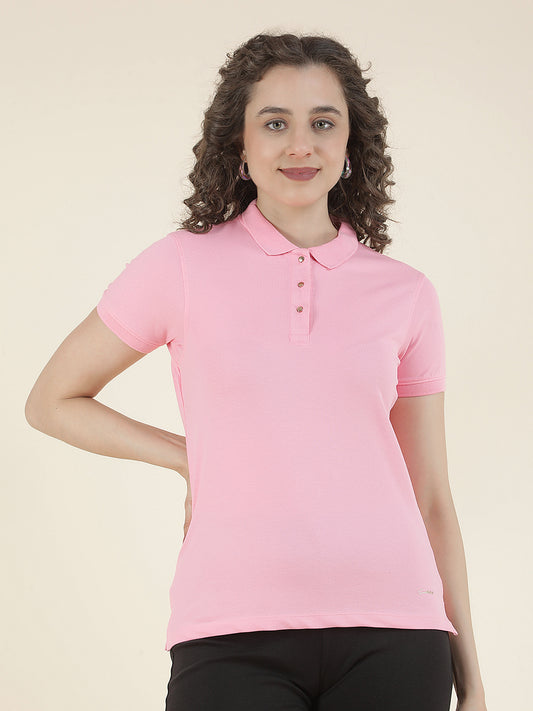 T-Shirt for Women l Breathable & Soft with Color Fastness Regular Fit Polo Neck Cotton Blend Fabric Solid Pattern