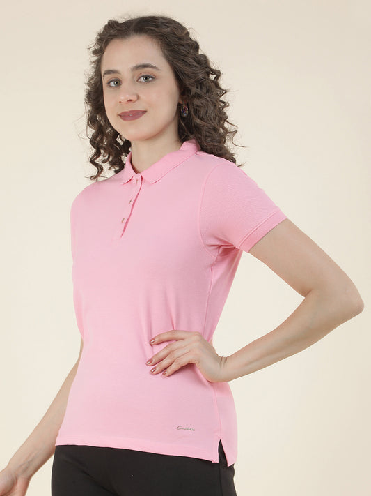 T-Shirt for Women l Breathable & Soft with Color Fastness Regular Fit Polo Neck Cotton Blend Fabric Solid Pattern