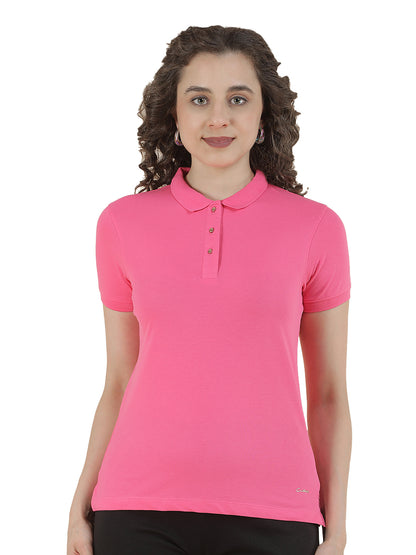 T-Shirt for Women l Breathable & Soft with Color Fastness Regular Fit Polo Neck Cotton Blend Fabric Solid Pattern
