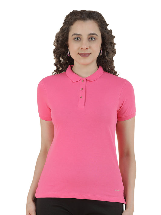 T-Shirt for Women l Breathable & Soft with Color Fastness Regular Fit Polo Neck Cotton Blend Fabric Solid Pattern