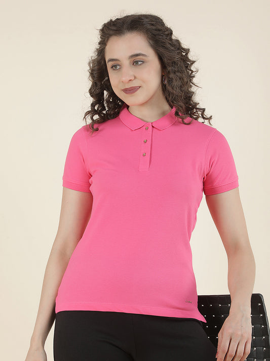 T-Shirt for Women l Breathable & Soft with Color Fastness Regular Fit Polo Neck Cotton Blend Fabric Solid Pattern