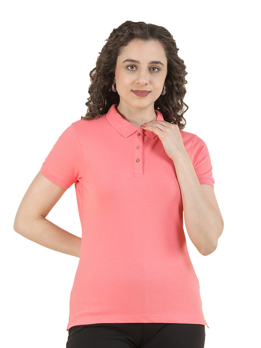 T-Shirt for Women l Breathable & Soft with Color Fastness Regular Fit Polo Neck Cotton Blend Fabric Solid Pattern
