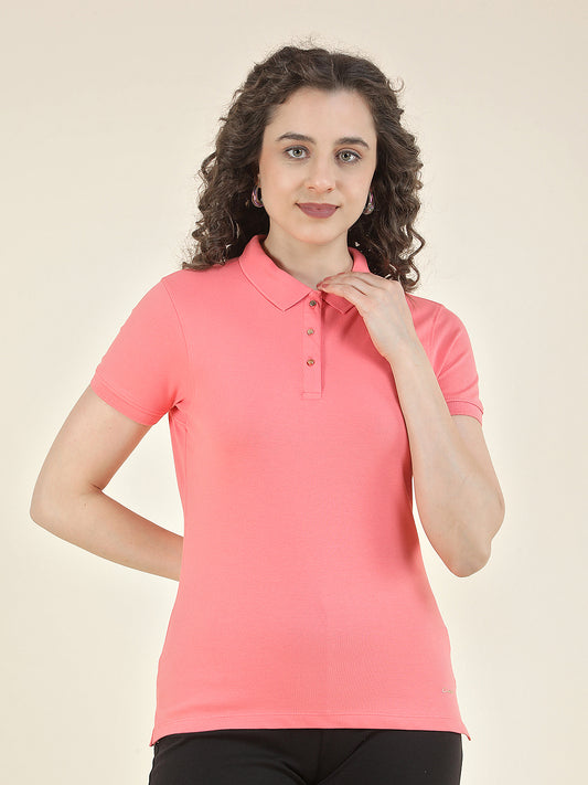 T-Shirt for Women l Breathable & Soft with Color Fastness Regular Fit Polo Neck Cotton Blend Fabric Solid Pattern