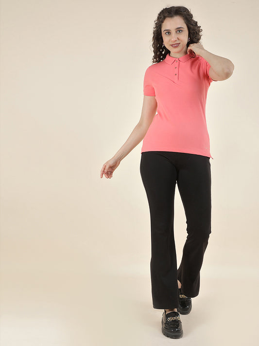 T-Shirt for Women l Breathable & Soft with Color Fastness Regular Fit Polo Neck Cotton Blend Fabric Solid Pattern