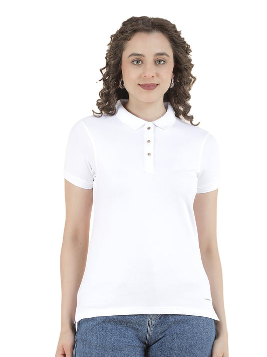 T-Shirt for Women l Breathable & Soft with Color Fastness Regular Fit Polo Neck Cotton Blend Fabric Solid Pattern