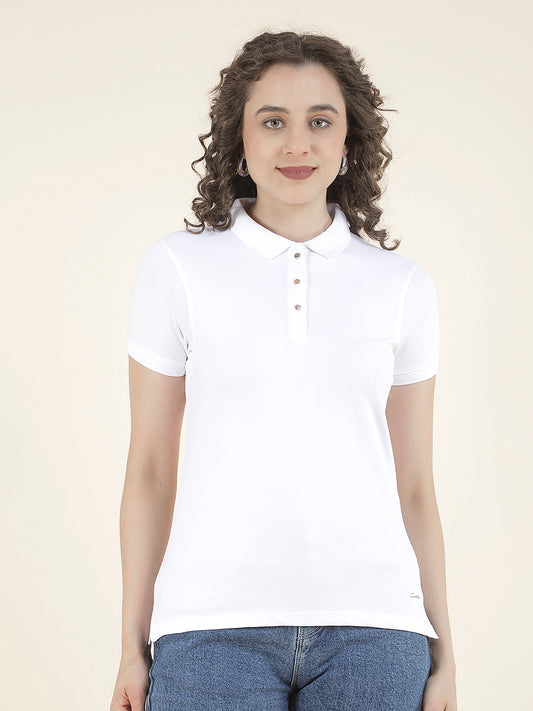T-Shirt for Women l Breathable & Soft with Color Fastness Regular Fit Polo Neck Cotton Blend Fabric Solid Pattern