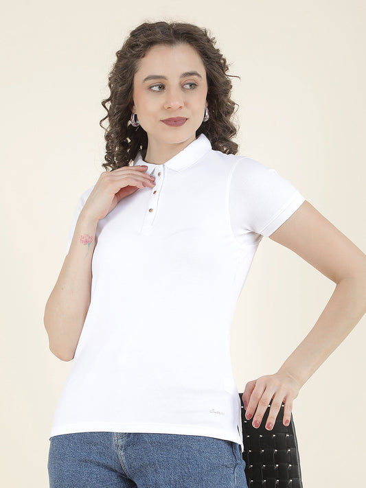 T-Shirt for Women l Breathable & Soft with Color Fastness Regular Fit Polo Neck Cotton Blend Fabric Solid Pattern