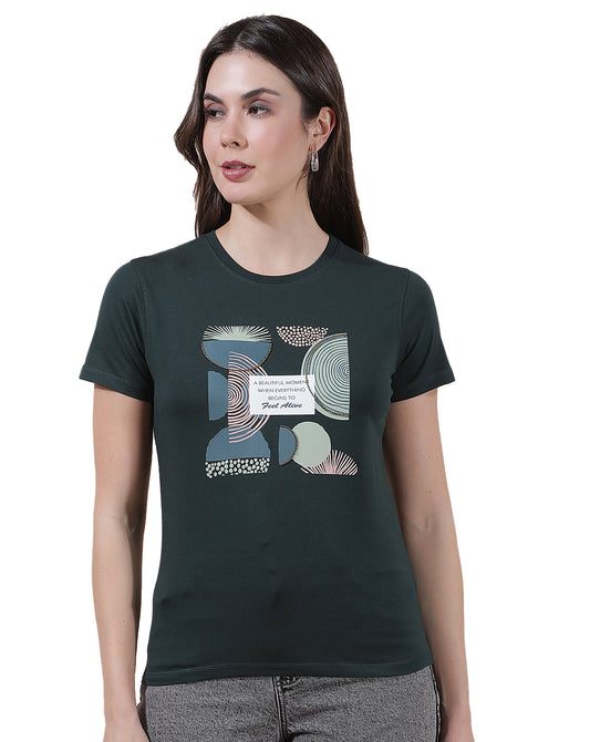 T-Shirt for Women l Breathable & Soft with Color Fastness Regular Fit Round Neck Cotton Blend Fabric Printed Pattern