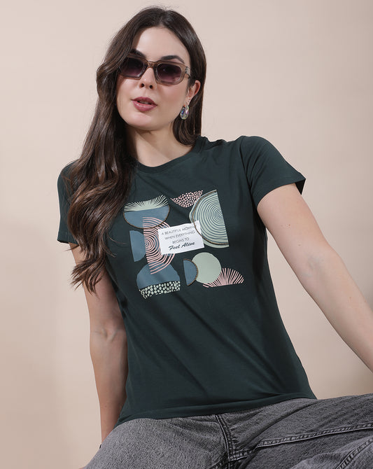 T-Shirt for Women l Breathable & Soft with Color Fastness Regular Fit Round Neck Cotton Blend Fabric Printed Pattern