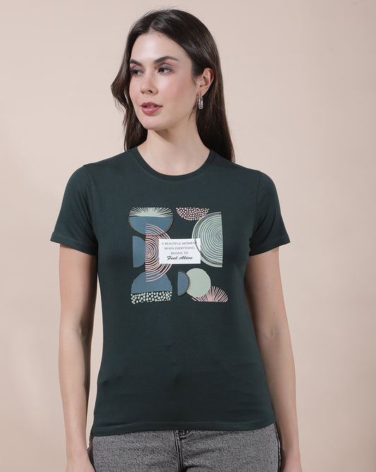 T-Shirt for Women l Breathable & Soft with Color Fastness Regular Fit Round Neck Cotton Blend Fabric Printed Pattern