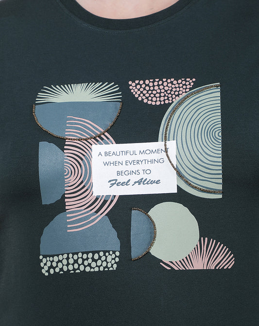 T-Shirt for Women l Breathable & Soft with Color Fastness Regular Fit Round Neck Cotton Blend Fabric Printed Pattern