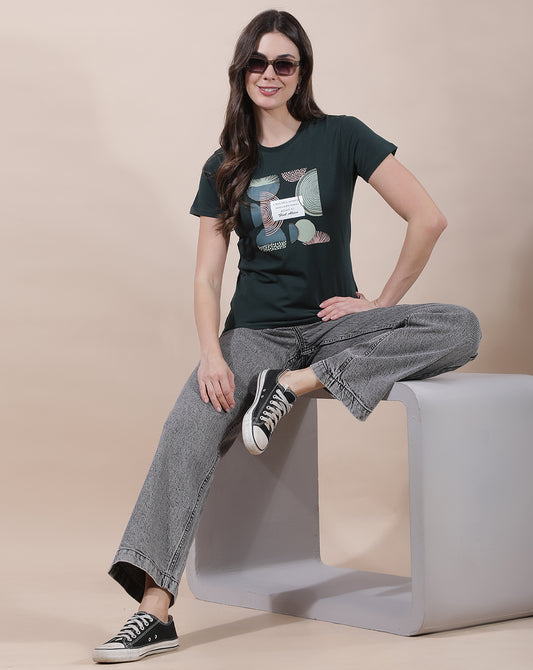 T-Shirt for Women l Breathable & Soft with Color Fastness Regular Fit Round Neck Cotton Blend Fabric Printed Pattern