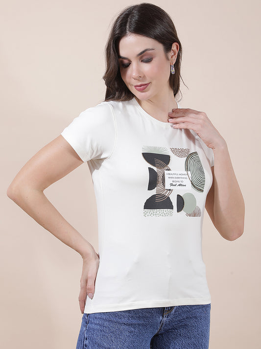 T-Shirt for Women l Breathable & Soft with Color Fastness Regular Fit Round Neck Cotton Blend Fabric Printed Pattern