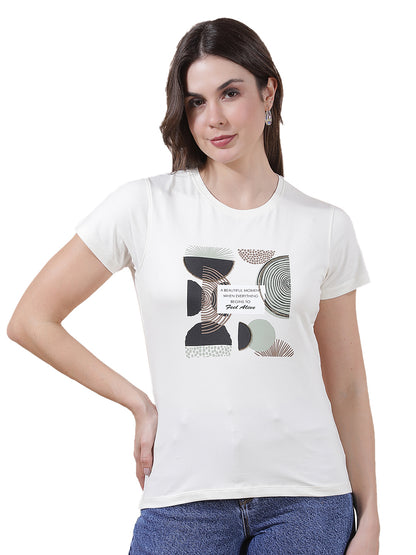 T-Shirt for Women l Breathable & Soft with Color Fastness Regular Fit Round Neck Cotton Blend Fabric Printed Pattern