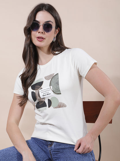 T-Shirt for Women l Breathable & Soft with Color Fastness Regular Fit Round Neck Cotton Blend Fabric Printed Pattern