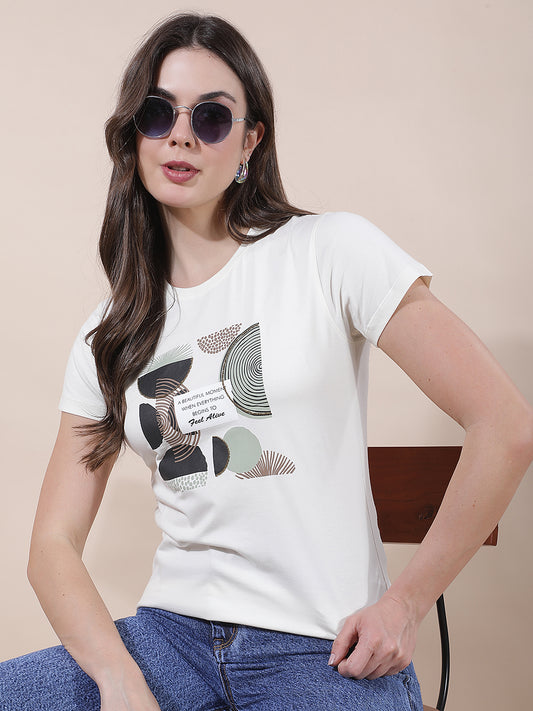 T-Shirt for Women l Breathable & Soft with Color Fastness Regular Fit Round Neck Cotton Blend Fabric Printed Pattern