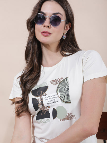 T-Shirt for Women l Breathable & Soft with Color Fastness Regular Fit Round Neck Cotton Blend Fabric Printed Pattern