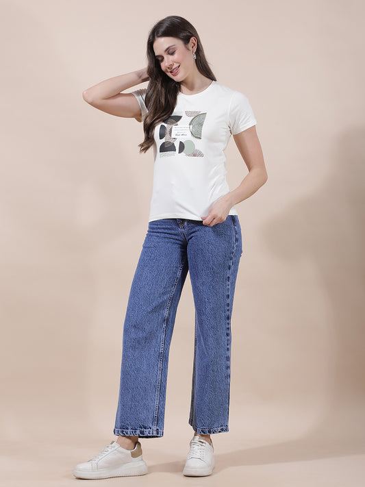 T-Shirt for Women l Breathable & Soft with Color Fastness Regular Fit Round Neck Cotton Blend Fabric Printed Pattern