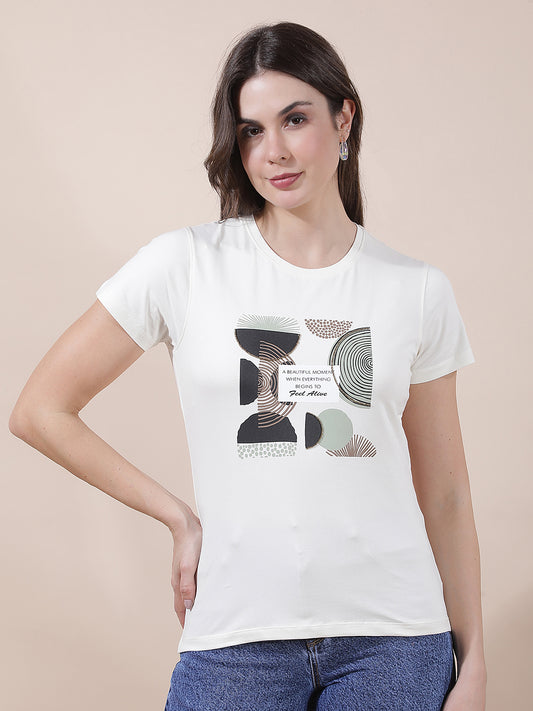 T-Shirt for Women l Breathable & Soft with Color Fastness Regular Fit Round Neck Cotton Blend Fabric Printed Pattern