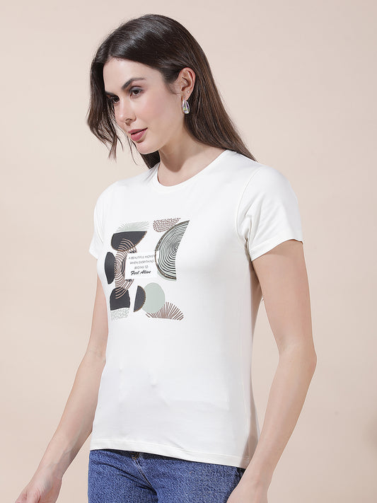 T-Shirt for Women l Breathable & Soft with Color Fastness Regular Fit Round Neck Cotton Blend Fabric Printed Pattern