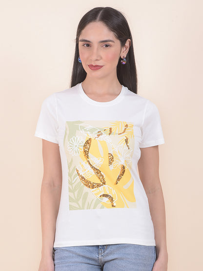 T-Shirt for Women l Breathable & Soft with Color Fastness Regular Fit Round Neck Cotton Stretch Fabric Embroidery Pattern