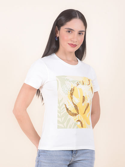 T-Shirt for Women l Breathable & Soft with Color Fastness Regular Fit Round Neck Cotton Stretch Fabric Embroidery Pattern