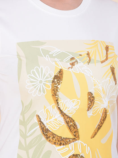 T-Shirt for Women l Breathable & Soft with Color Fastness Regular Fit Round Neck Cotton Stretch Fabric Embroidery Pattern