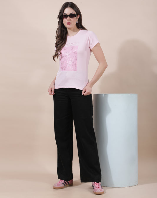 T-Shirt for Women l Breathable & Soft with Color Fastness Regular Fit Round Neck Poly Cotton Fabric Printed Pattern