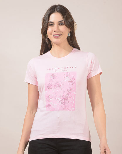 T-Shirt for Women l Breathable & Soft with Color Fastness Regular Fit Round Neck Poly Cotton Fabric Printed Pattern